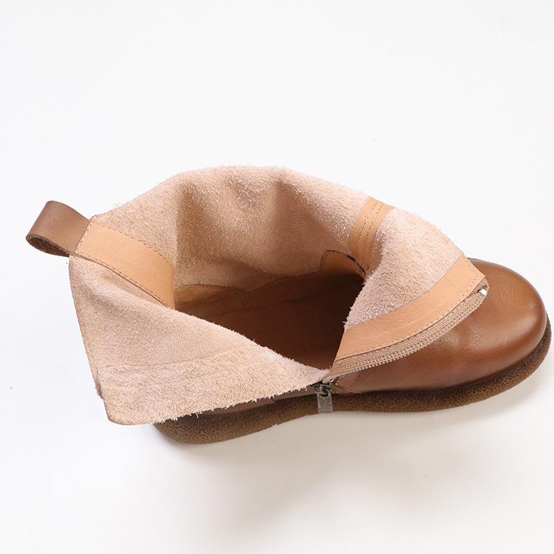 Johnature Stivali Corti in Vera Pelle con Fibbia da Cintura Retro Punta Rotonda Cerniera Laterale Fondo Piatto Stivali da Donna