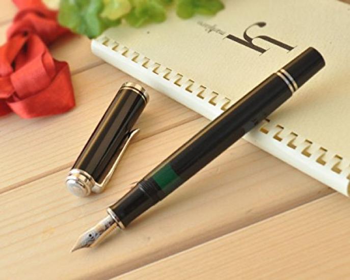 Pelikan M405 Fountain 14K Gold Nib Souverän Pen, Black/Silver, Rhodium-Decorated (M Size), PL-M405BK