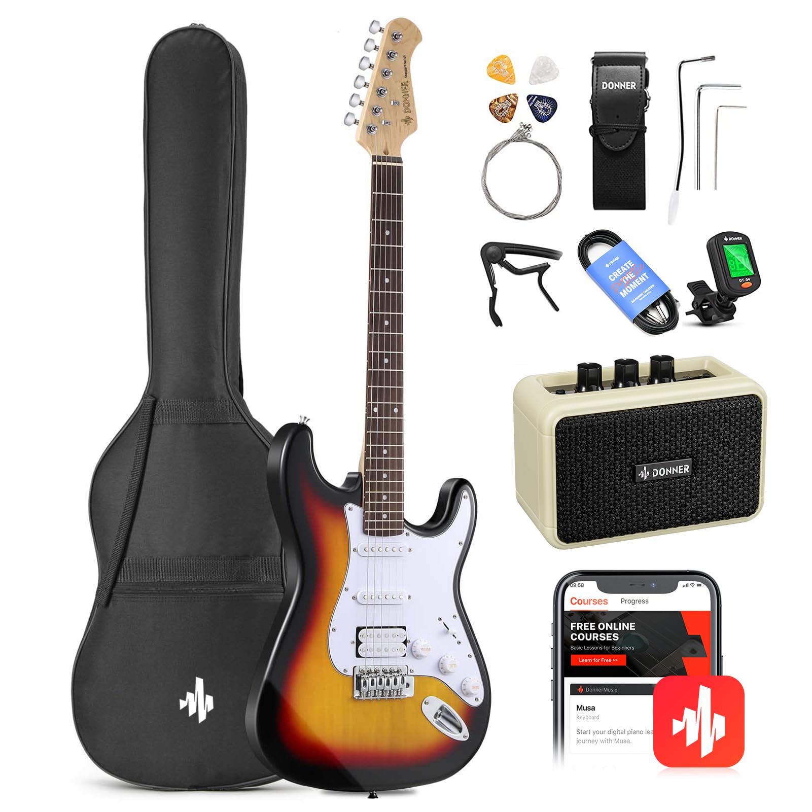 

Donner Electric Guitar Beginner ST SSH Pickup Poplar Sunburst with Mini and Accessory Set DST-100S Set, Type, Array, 39-inch Full-Size, Wood, Finish,