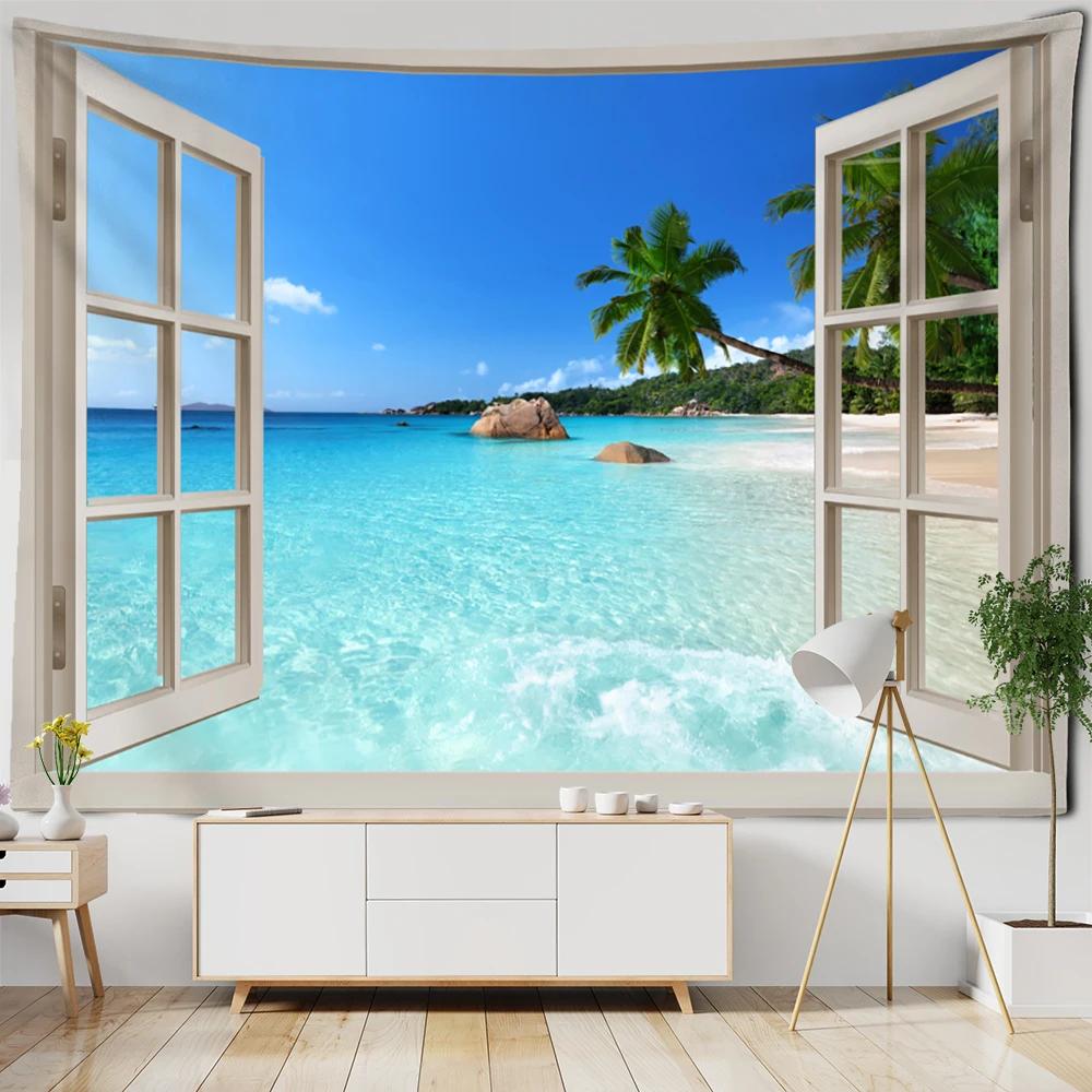 Sunset Coconut Tree Seaside Scenery Tapestry Bohemian Style Aesthetics Room Background Cloth Tapiz Decor