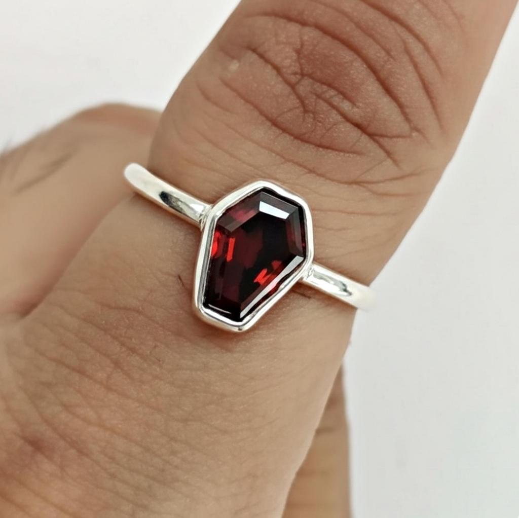 Tiny Coffin Ring, Garnet Ring, 925 Solid Sterling Silver, Handmade Jewelry, Red Gemstone, Women Ring, Gift for Her