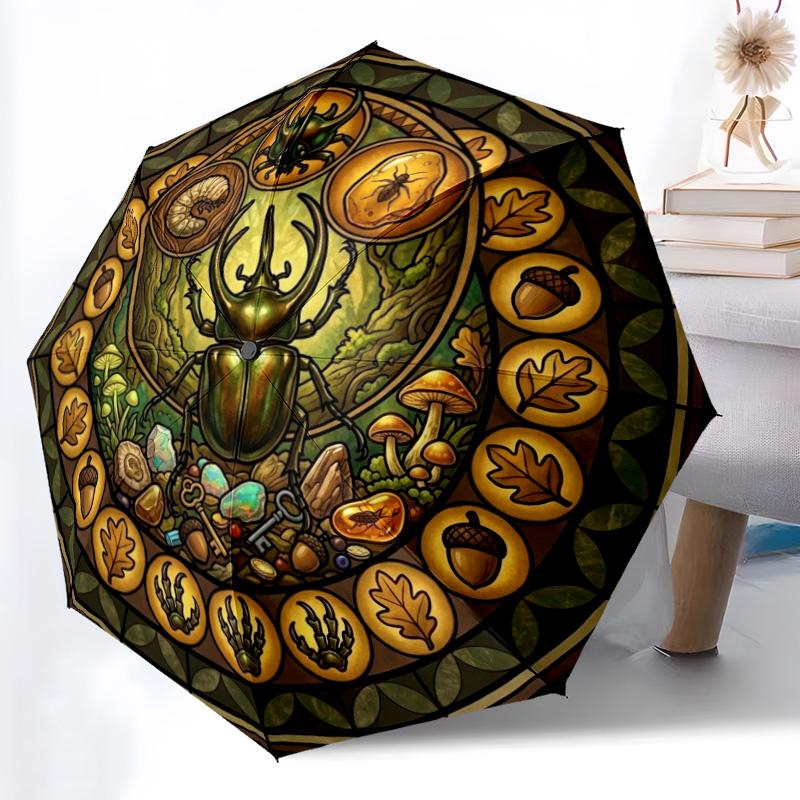 Beetle Forest Symbols pattern umbrella, portable and foldable design, 8 ribs, a casual accessory for Halloween, Christmas, and birthday gifts.