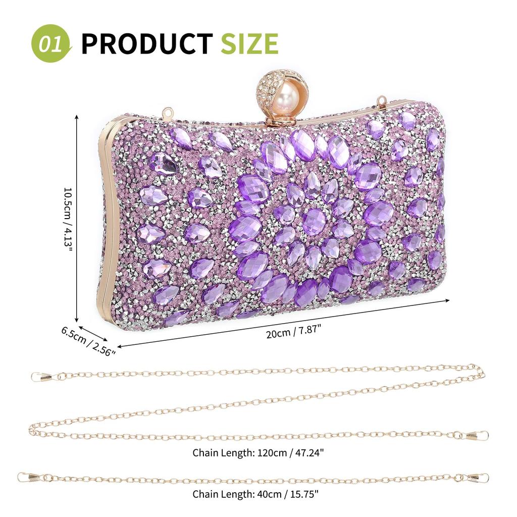 Uxcell Bolso de Noche para Mujer, Bolso de Mano Brillante con Pedrería de Cristal y Correa de Cadena, Morado Claro, para Bodas, Noches y Fines de Semana