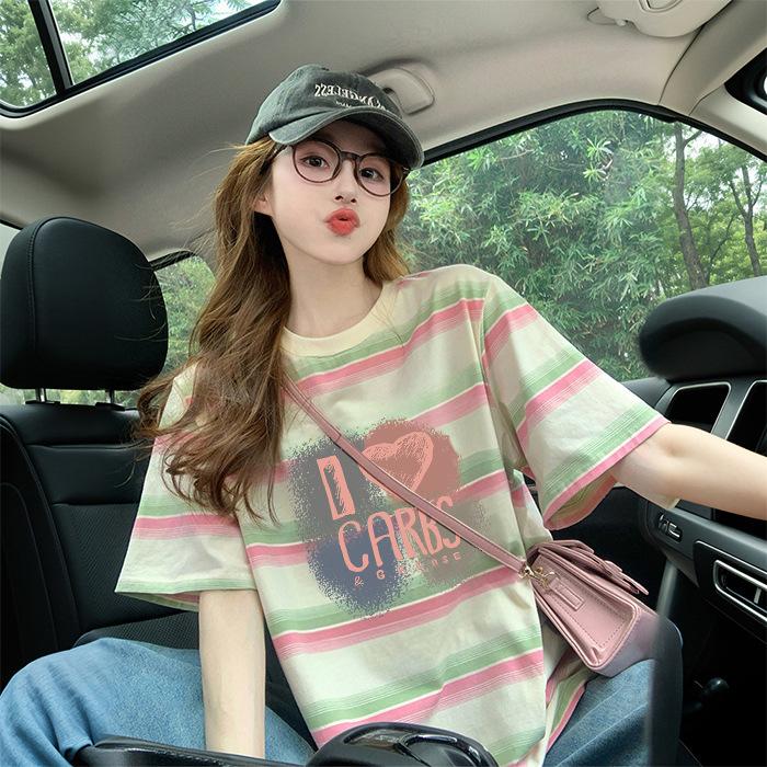 Women Striped Short Sleeve T Shirt Summer Contrast Color Round Neck Loose Mid Length Casual Sweet Slim Tee Tops