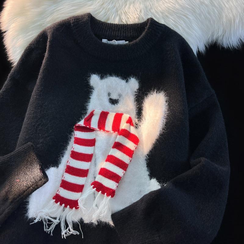 

Новогодний красный свитер для пары с рождественским узором «Фэр-айл» и шарфом, 2025 2XL чёрный