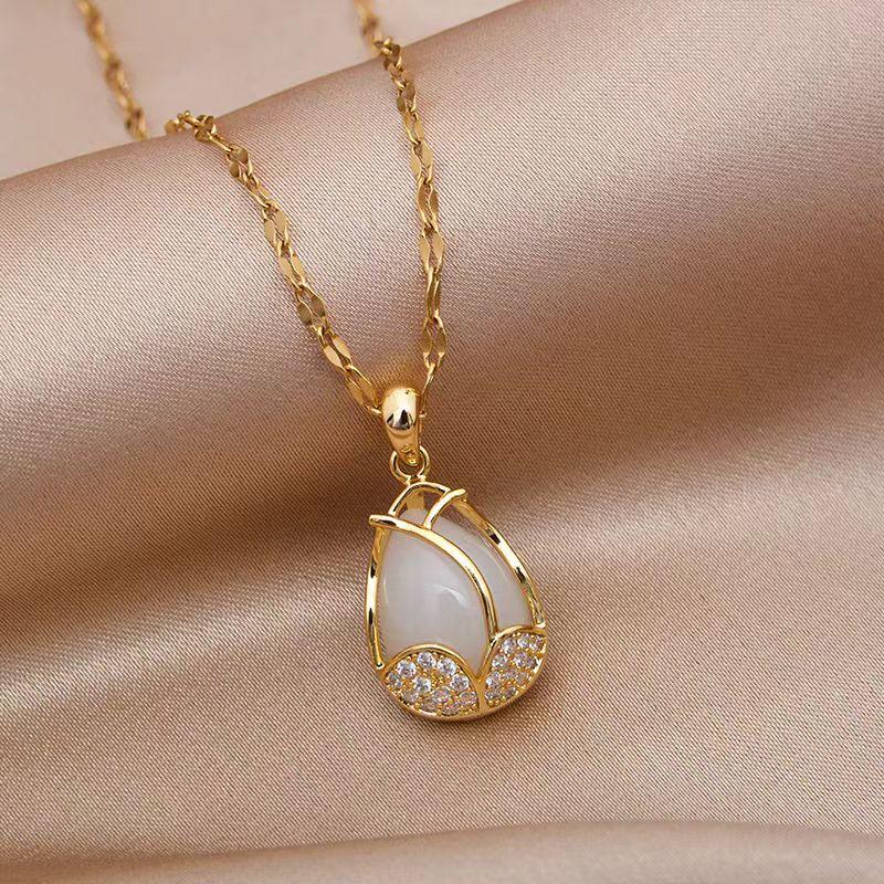 Opal Tulip Necklace Women'S Design Simple Versatile Zircon Pendant Clavicle Chain
