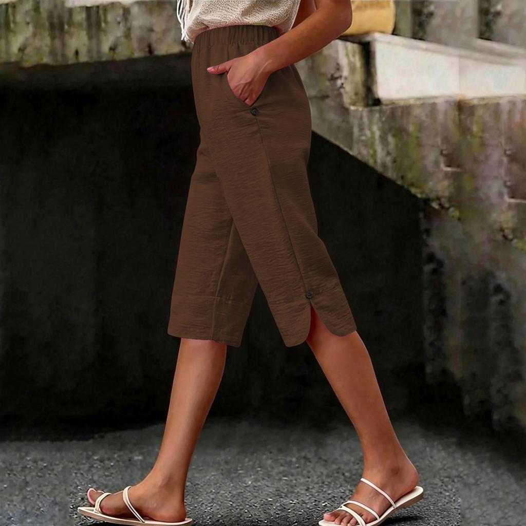 Pantaloni Caprid da Donna Vita Alta Casual Estivi con Tasca Laterale