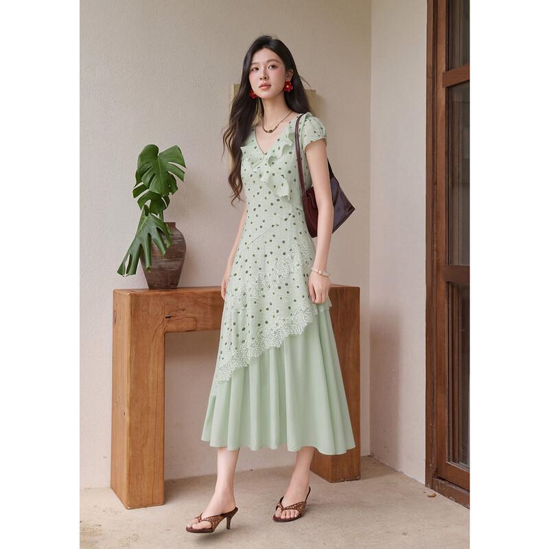 Retro Light Green Polka Dot Print Lace Spliced Dress