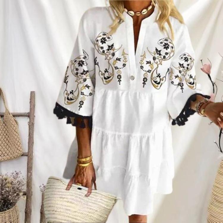 Vintage Print Party Dress Exquisite Pattern Womens Beach Clothing Polyester Dress Up Attractive