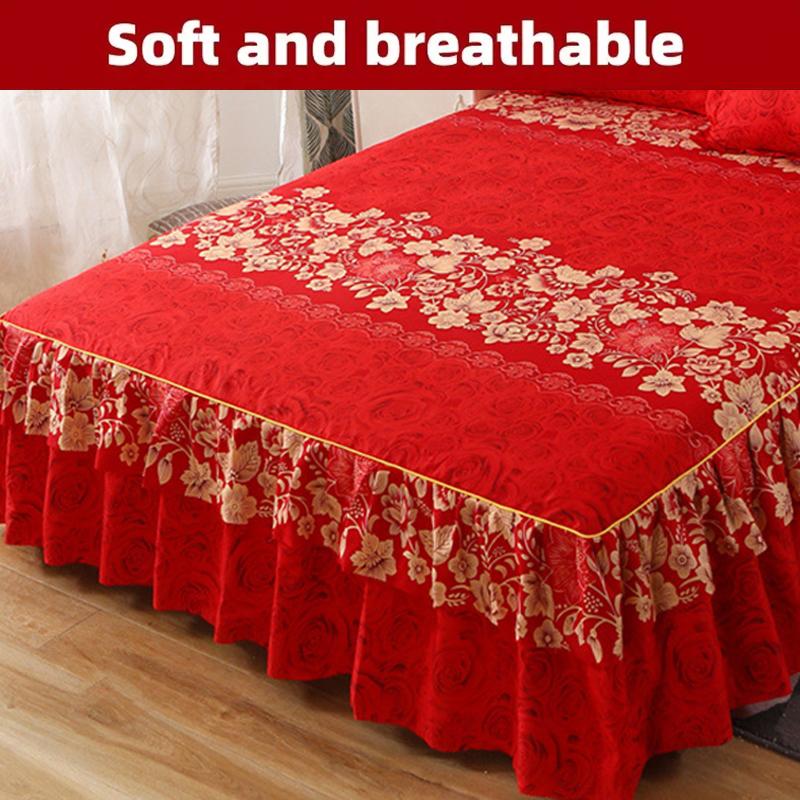 3PC Printed Bed Skirt Set 1Bed Skirt+2Pillowcases Floral Lace Bed Skirt Breathable Soft Bed Cover Bedding Set 360 ° Anti Slip Mattress Protector Cover
