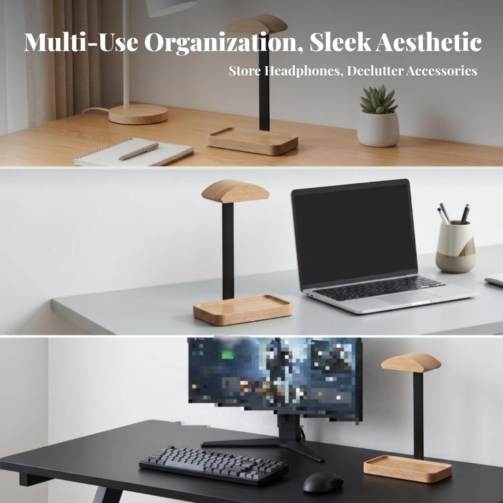 Desktop Headphone Stand Aluminum Alloy Wood Curved Top Headset Holder
