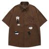 Clothing Life Cat Embroidery Corduroy Striped Short Sleeve Shirt Men's Couple American Vintage Vintage Top