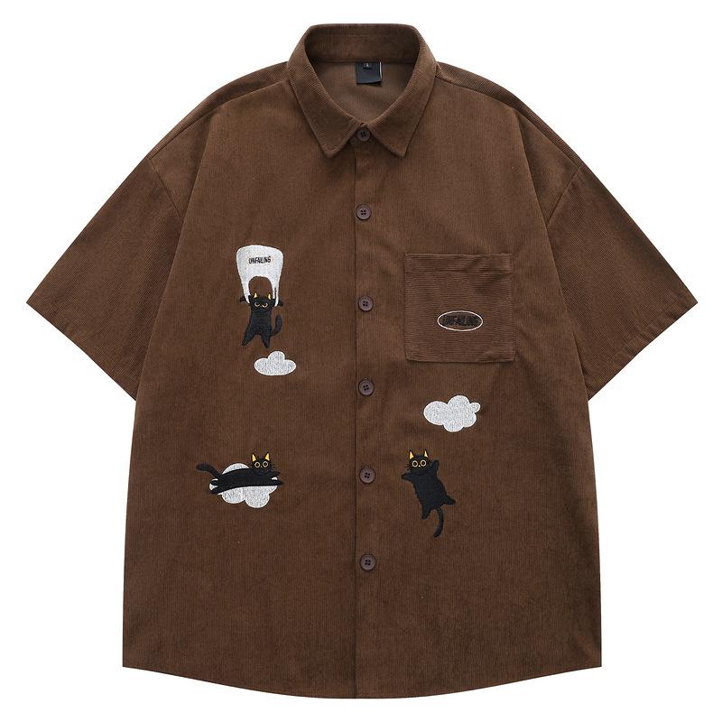Clothing Life Cat Embroidery Corduroy Striped Short Sleeve Shirt Men's Couple American Vintage Vintage Top
