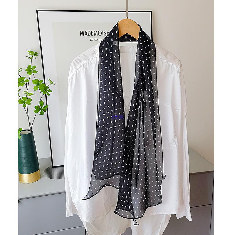 French Retro Black Polka Dot Silk Georgette Narrow Scarf (160x30)