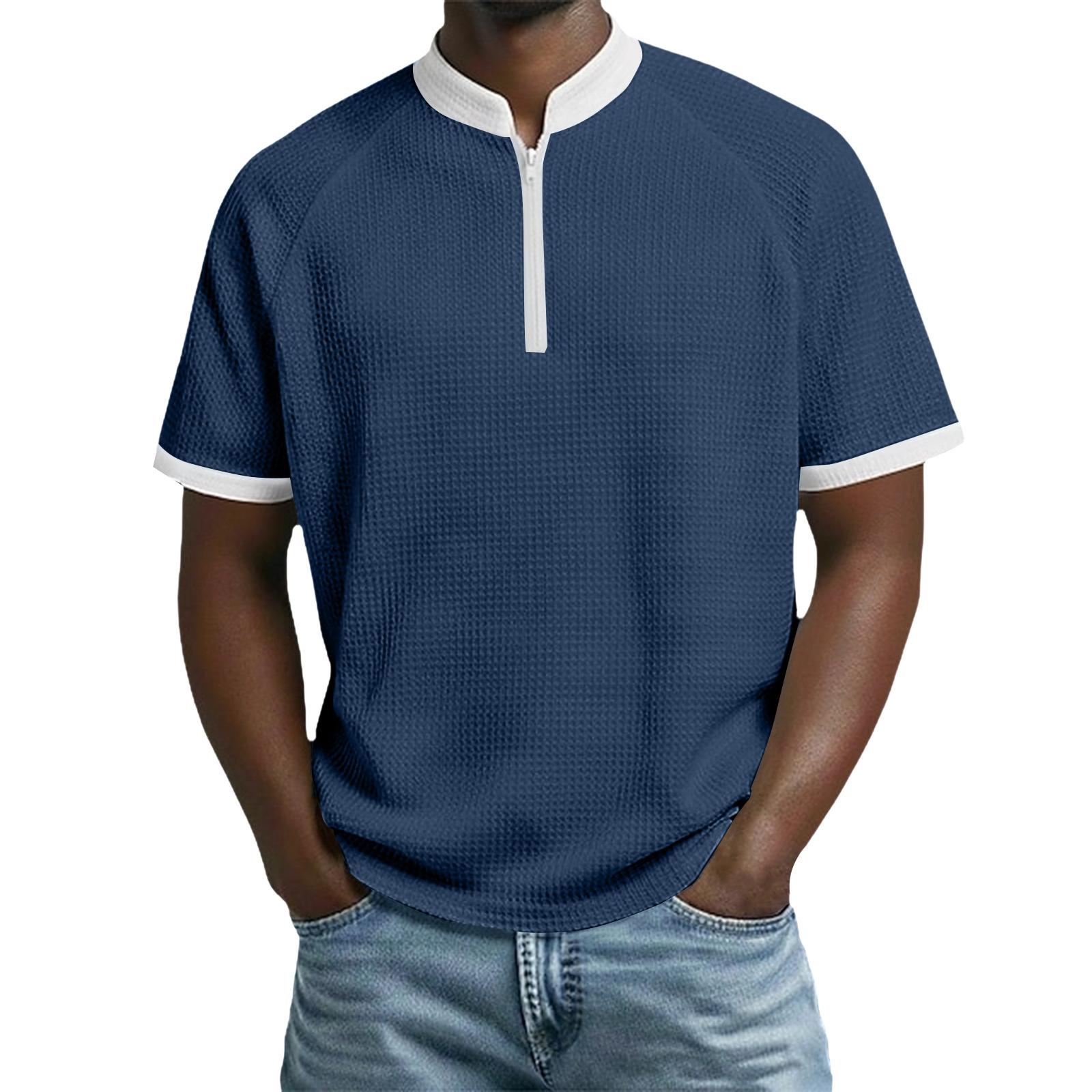 

Men’s Short Sleeve Zip Front Shirt with Trim Casual Stand Collar Top for Everyday Wear XXXL Темно-синій