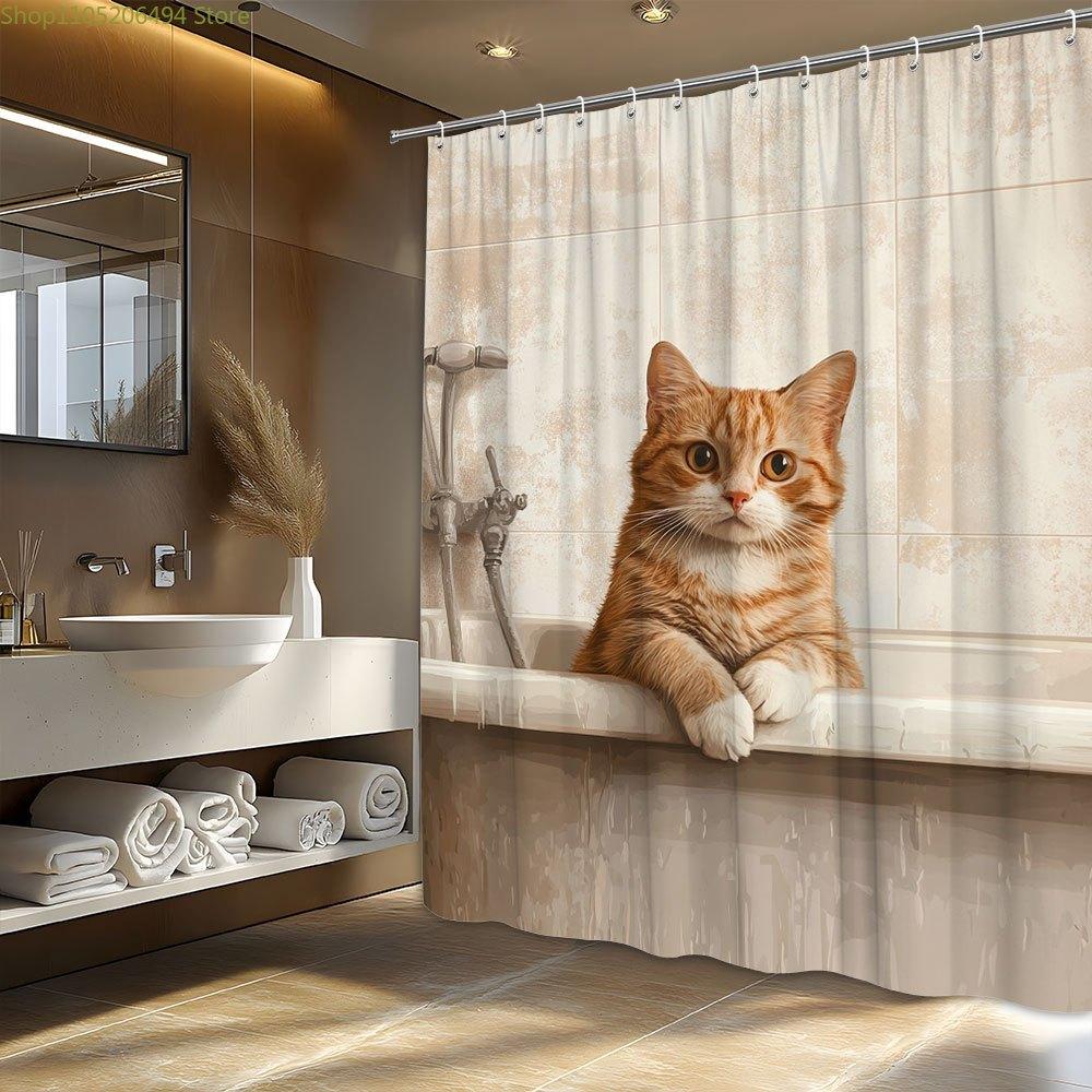 1pc Realistic Orange Tabby Cat Shower Curtain with White Paws Sitting in Vintage Porcelain Showertub Soft Fur Cozy Nostalgic A
