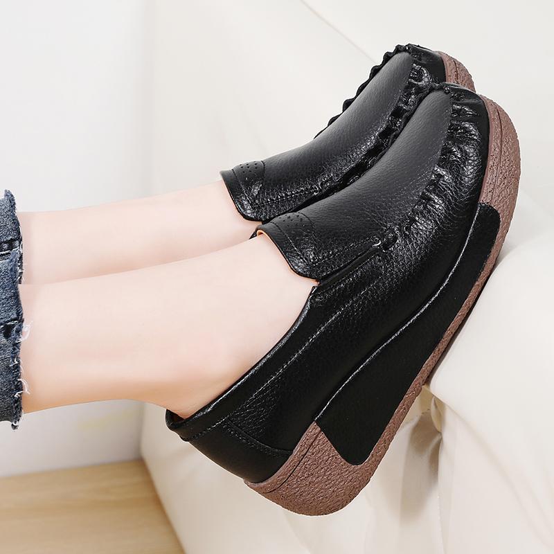 Spring and Summer Women Fashion Loafers Genuine Leather Moccasins Autumn Slip-on Casual Round Toe Wedge Platform Rocking Shoes