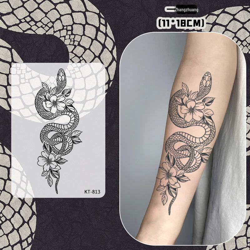 

«Водостойкие долговечные наклейки для татуировки «Танец змеи» с розой для женщин — травяной полуперманентный темный дизайн» 11*18cm