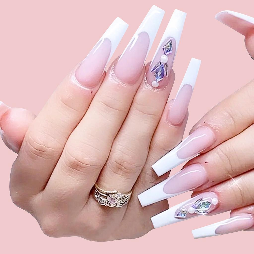 European And American Spot Manicure, Ballet Coffin Nail, French Manicure, White French Colored Diamond Fake Nails