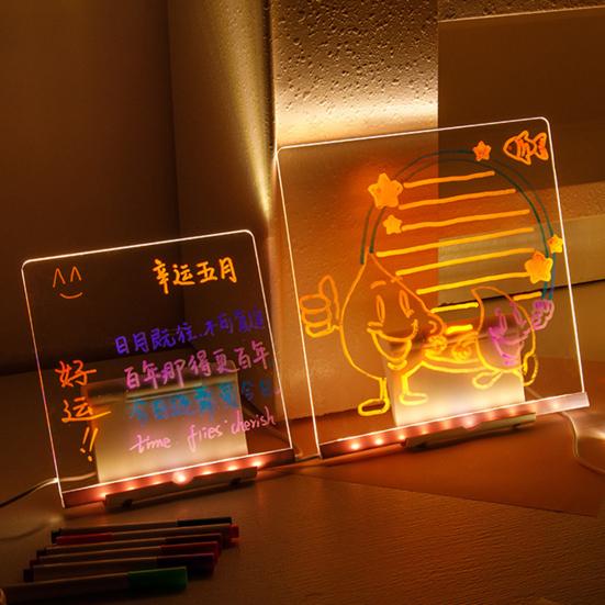 LED Acrylic Dry-Erase Board with 7 Pens Stand Reusable Kids Adults Students Glowing Light-up Clear Acrylic Memo Note Message Writing Board for Office