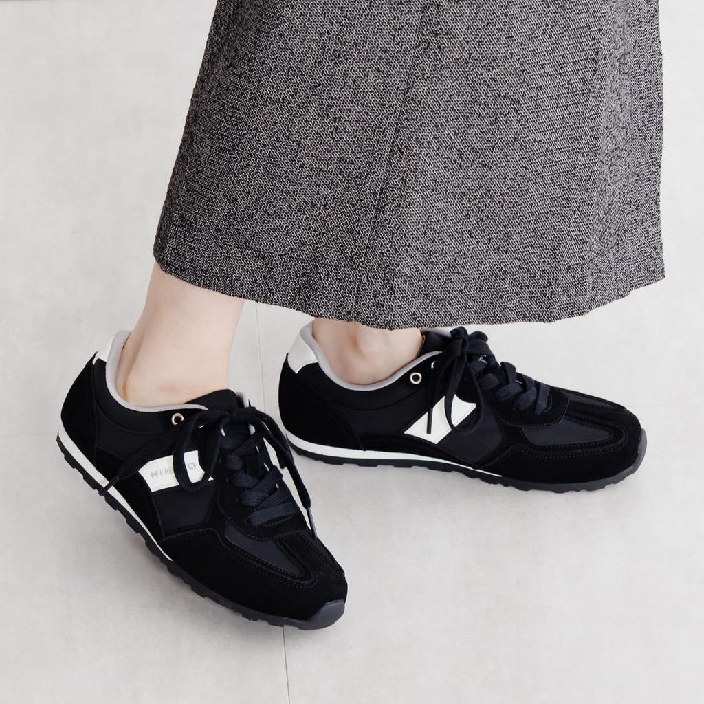 HIMIKO Flat Suede Combination Sneakers, Black, 657302, Comfortable Cushioned, 1.5cm Heel, Lace-Up, Black, Size 255