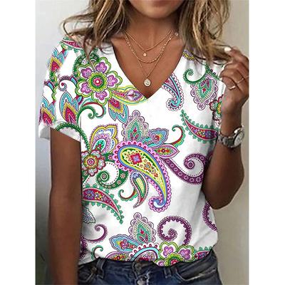Dam T-shirt Bohemisk Etnisk Blommig 3D-tryck Vintage Y2k Topp Streetwear Harajuku T-shirts V-ringad T-shirts Damkläder