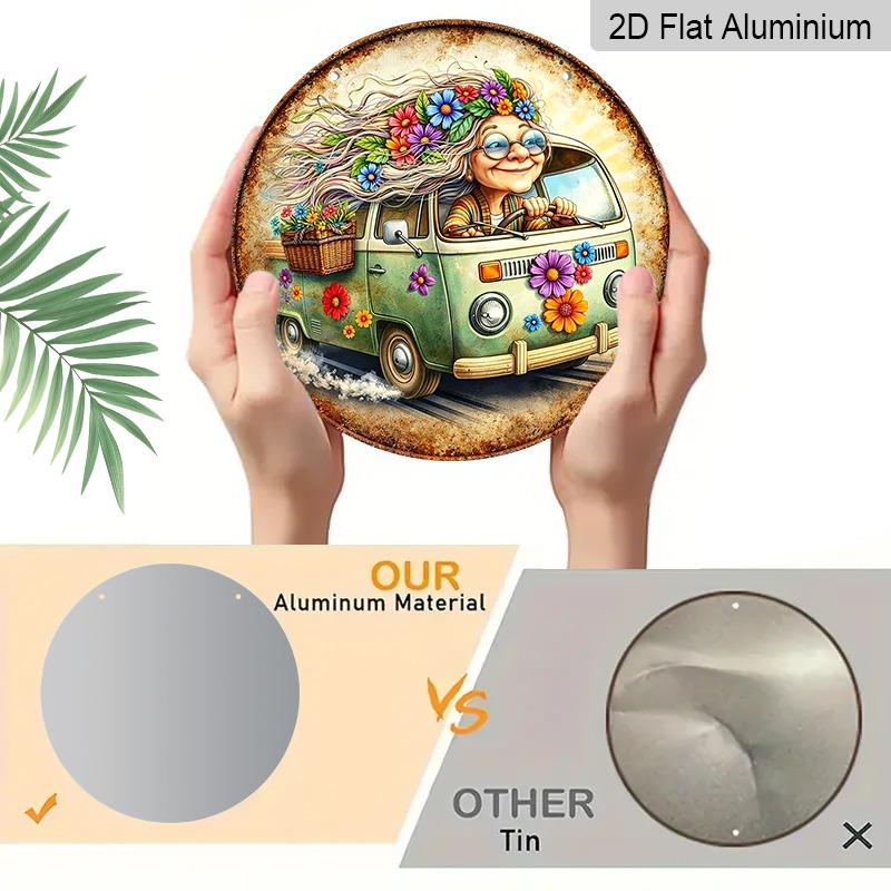 2D Flat Aluminum Colorful Floral Hippie Grandma Decorative Plaque and Ornament. Bohemian-style Flower Cart Wall Decoration, Suitable for Porches