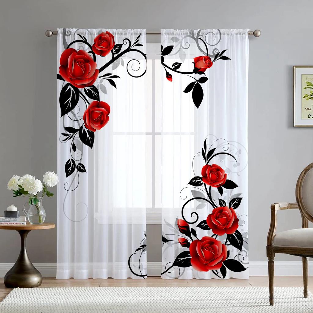 Romantic Rose Floral Yellow Flowers Voile Curtain Living Room Home Kitchen Green Leaves Butterfly Window Tulle With Sheer Polyester Perfect For