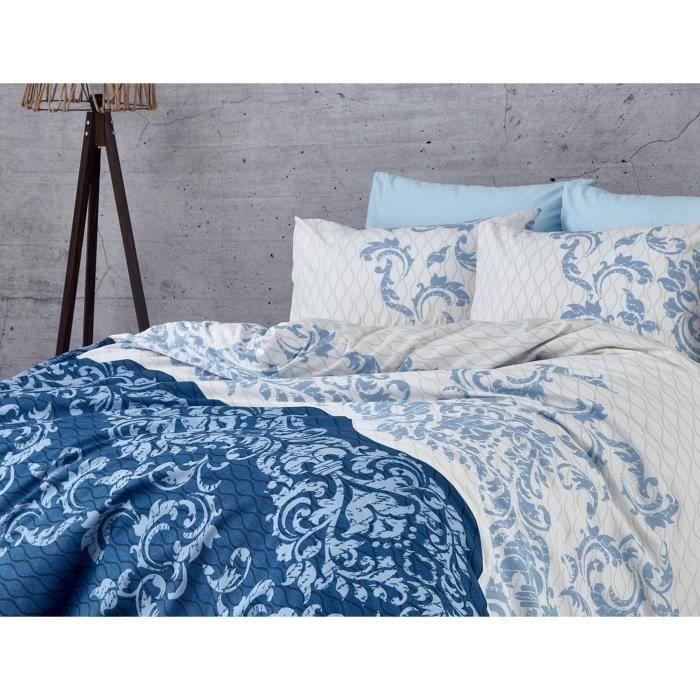 Parure de lit - 1 housse de couette 220 x 240 cm + 2 taies d'oreiller 60 x 60 cm - 100% coton renforcé - Bleu