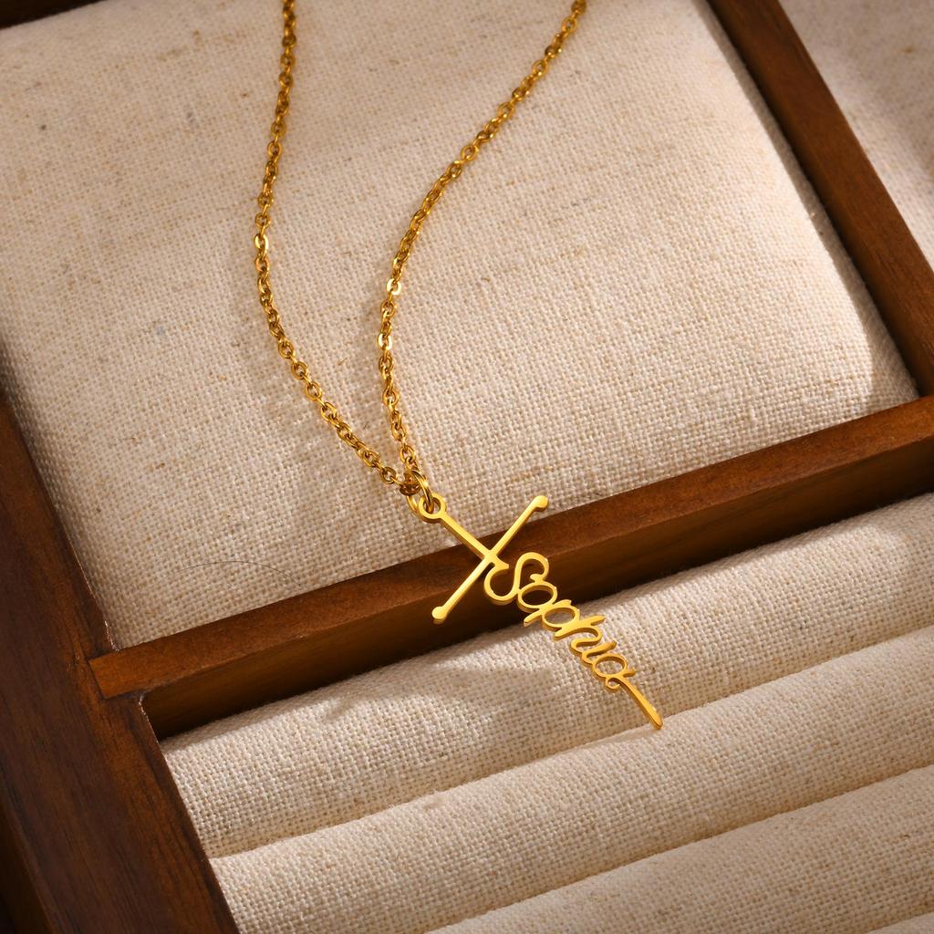 Custom Name Necklace Stainless Steel Personalized Full-gloss Flat Cross English Pendant Necklaces For Women Jewelry Gift