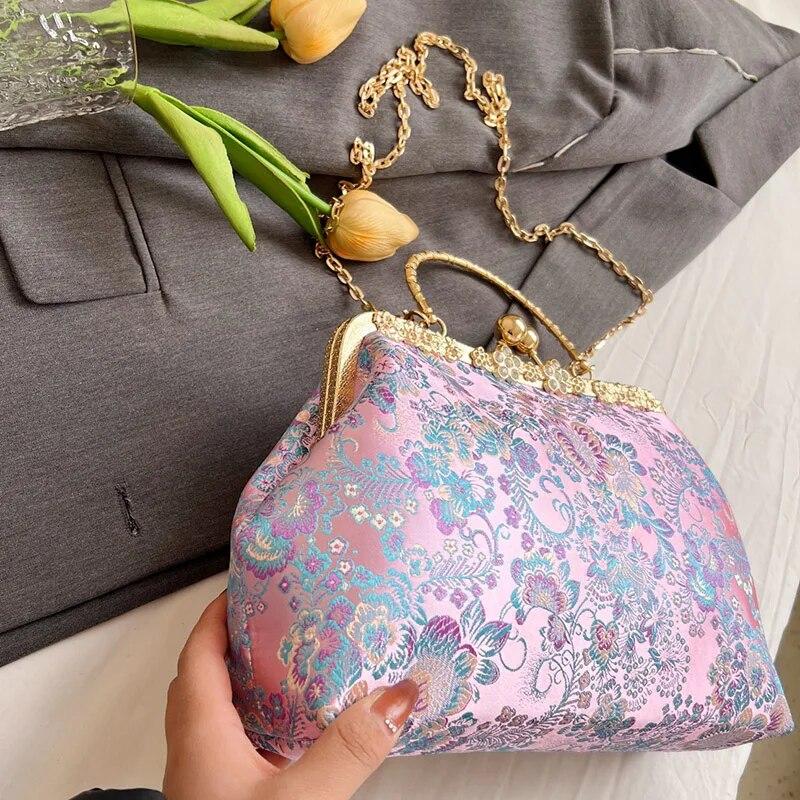 Vintage Women Wedding Clutch Flowers Lock Shell Clip Fringe Chain Shoulder Bags Purple Blue Crossbody Bags Handbags And Purses