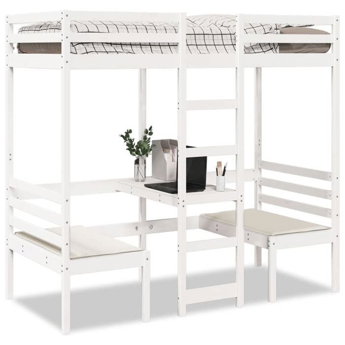 VidaXL Mezzanine Bed with Desk and Chairs White 90x190 Cm Solid Pine, Mezzanine Bed Frame, Cabin Bed Frame, 3308560