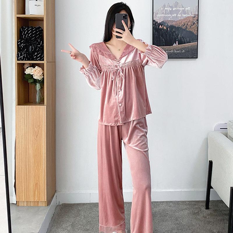 

Осенне-зимний бархатный пижамный комплект с кружевом и лацканами, повседневная женская пижама, бархатная свободная домашняя одежда XL