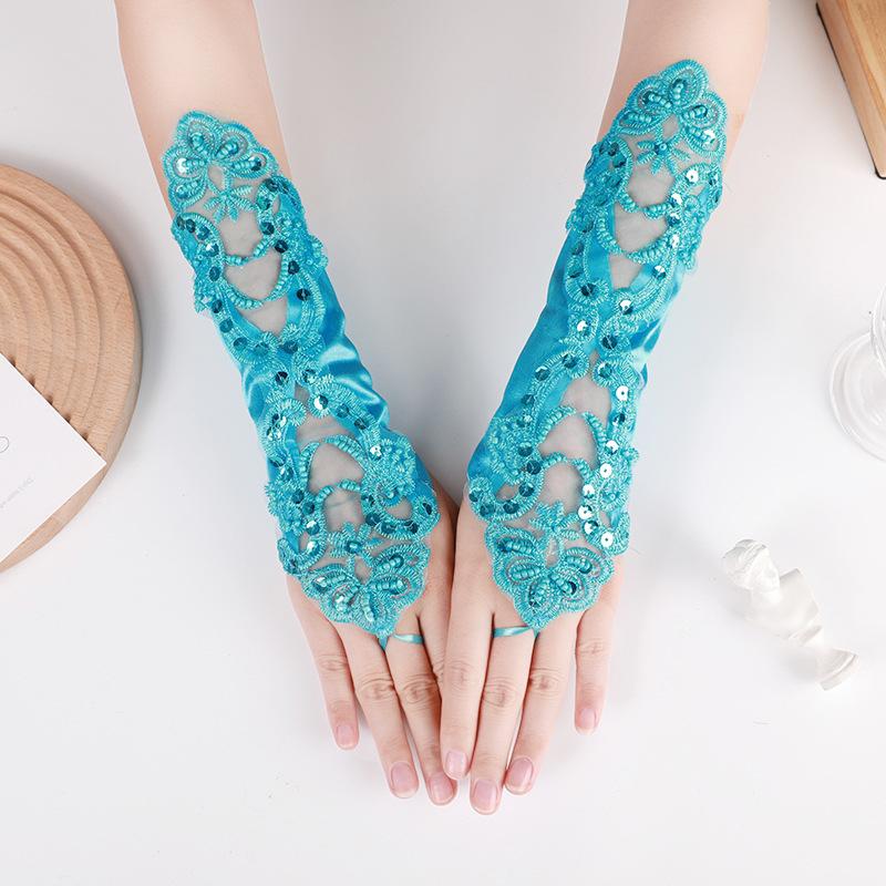 Satin Embroidery Hollow Out Beaded Gloves For Wedding Dresses Sequins Fingerless Wedding Accessories Elegant Bridal Gloves