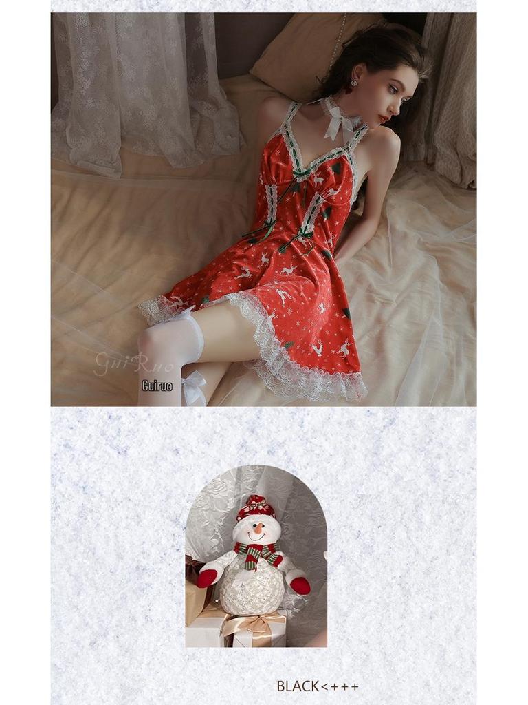 Guiruo Damen Sexy Samt Weihnachts-Nachthemd Set - Leidenschaftliche Tiefer Ausschnitt Dessous Übergröße