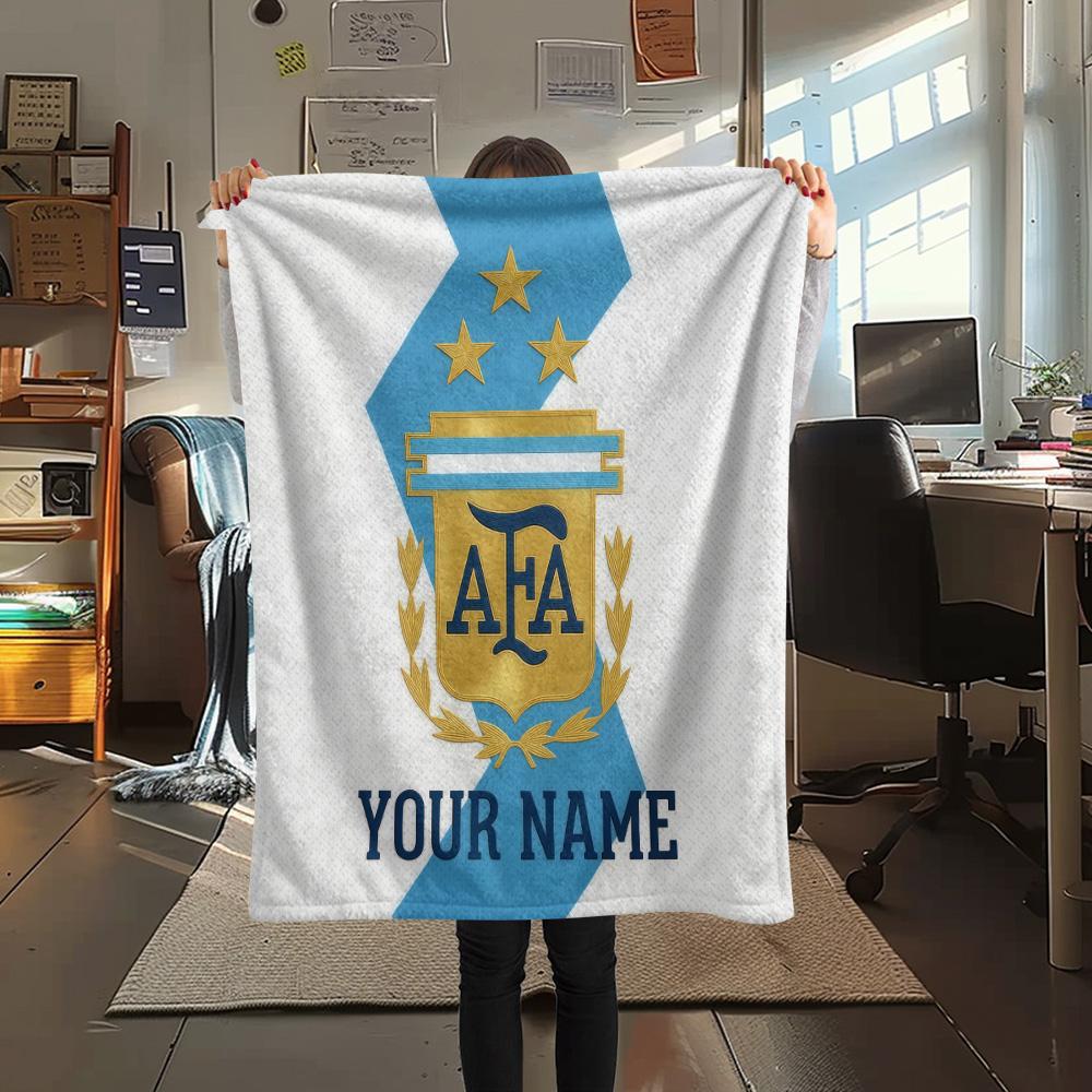 Custom Name Argentina Football Association Flannel Blanket, High Quality Comfortable for All Seasons, Home Decor, Warmth and Comfort