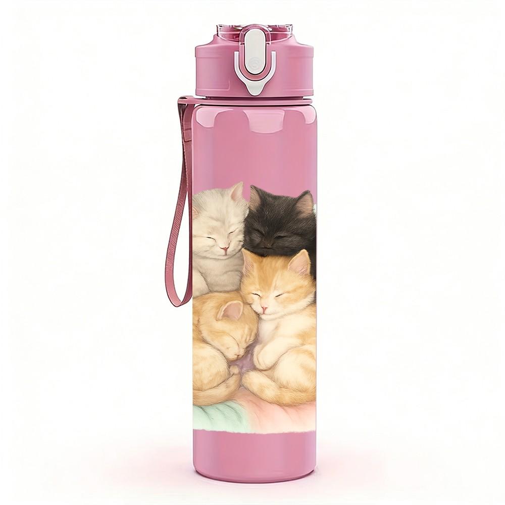 1PC Two Cats Cozy Rest Scene 750ml Color Plastic Sports Water Bottle Leakproof Flip Straw Lid Suitable for Sports Office Home Use