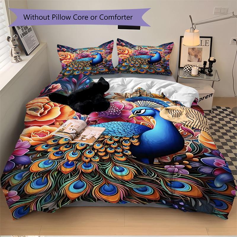 3pcs Peacock Feather Print Duvet Cover Set - Includes 1 Duvet Cover and 2 Pillowcases, No Quilt Core, All-Season Home Decor yy251111073