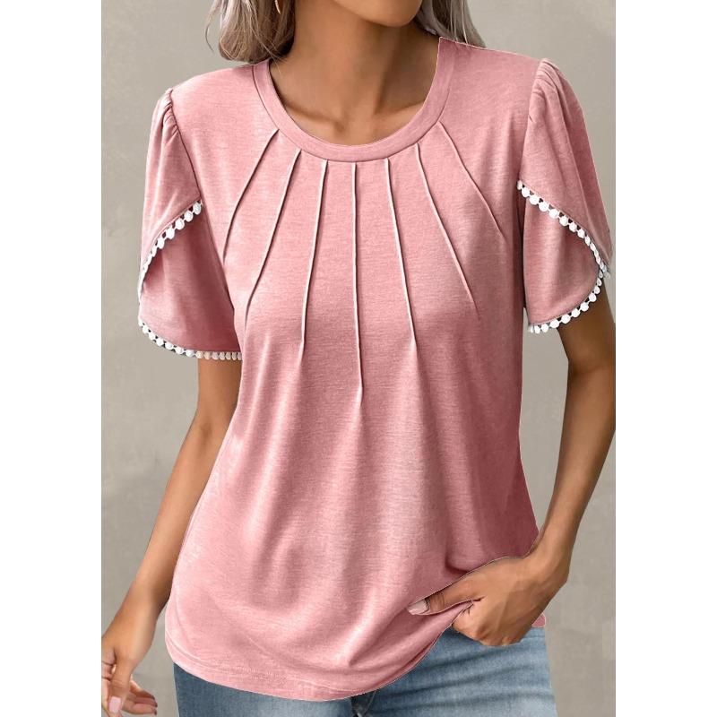 Summer Women's Round Neck Solid Colour Pressed Pleated Short Sleeve Lace Casual T-Shirt Shirt