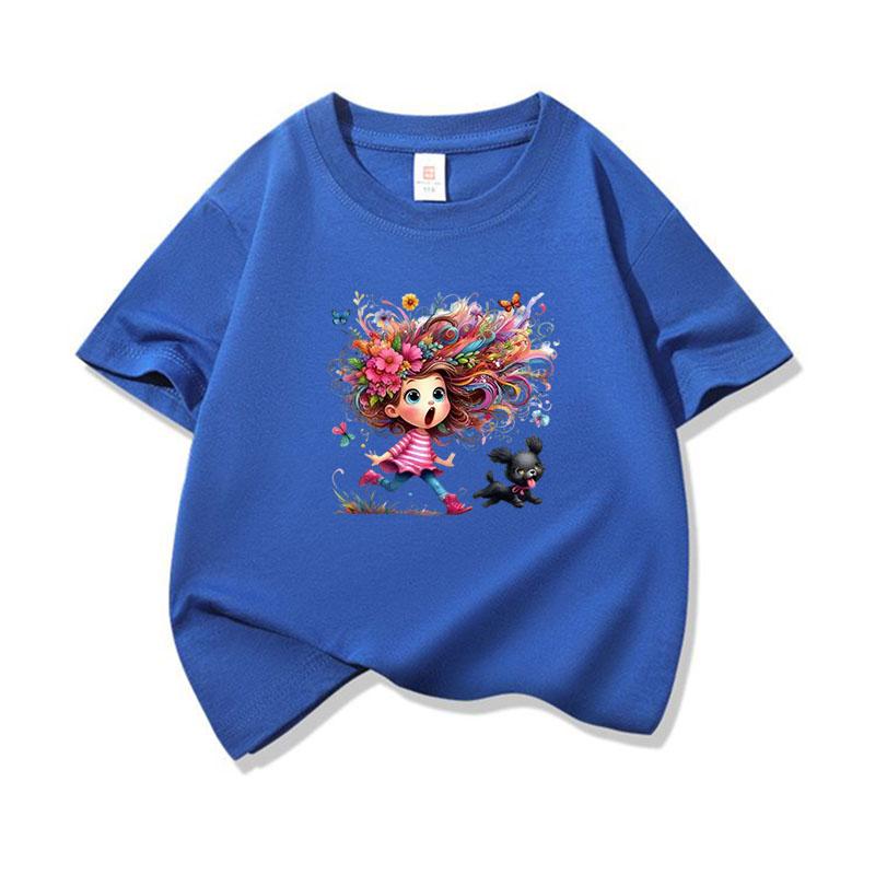Kids Cotton T Shirt Colorful Hair Girl Running With Black Puppy Print Crew Neck Short Sleeve Tee Casual Boys Girls Summer Tops