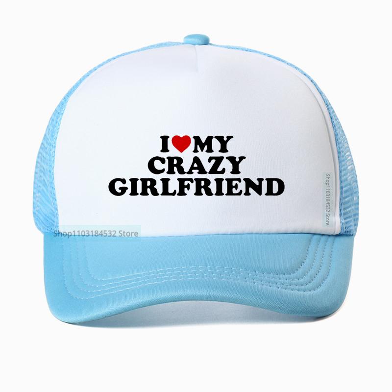 Funny I Love My Crazy Girlfriend GF Red Heart Baseball Cap Birthday Gift Summer Adjustable Mesh Breathable Trucker Hat