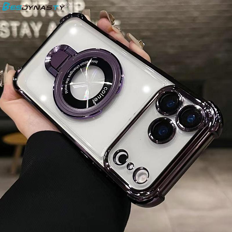 Luxusní pozlacený stojánek Magnetické pouzdro Pro iPhone 17 Air 16 15 14 13 12 11 Pro Max Fólie na objektiv Průhledný držák Průhledný zadní kryt