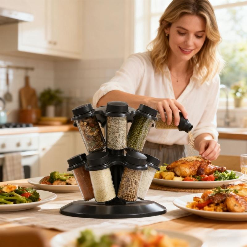 Spice Organiser Set Rotating Chrome Designs Detachable Lids Seasoning Rack For Cooking Baking Essential