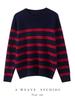 Women's 100% Pure Wool Color Block Stripe Round Neck Sweater - Warm, Casual Knitwear for New Year