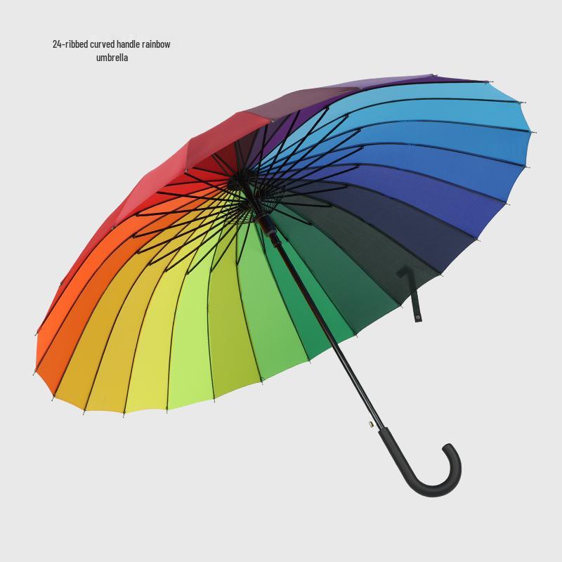 

24-Rib Windproof Long-Handle Rainbow Umbrella for Sun and Rain - Large Straight Umbrella for Men and Women