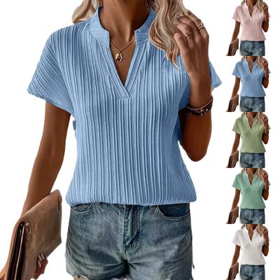 Damen Unifarben V-Ausschnitt Gestreift Lässig Kurzarm T-Shirt