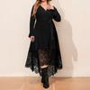 Plus Size Black Lace Dress with V-Neck Long Sleeve Embroidery Lace High Low Hem Long Dress Women Cocktail Party Dress