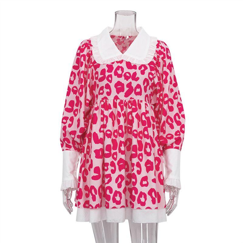 

Модный стиль Платье с длинными рукавами и высокой талией с принтом Кукольный воротник Юбка-подъюбник Платье с принтом и кукольным воротником Pink S