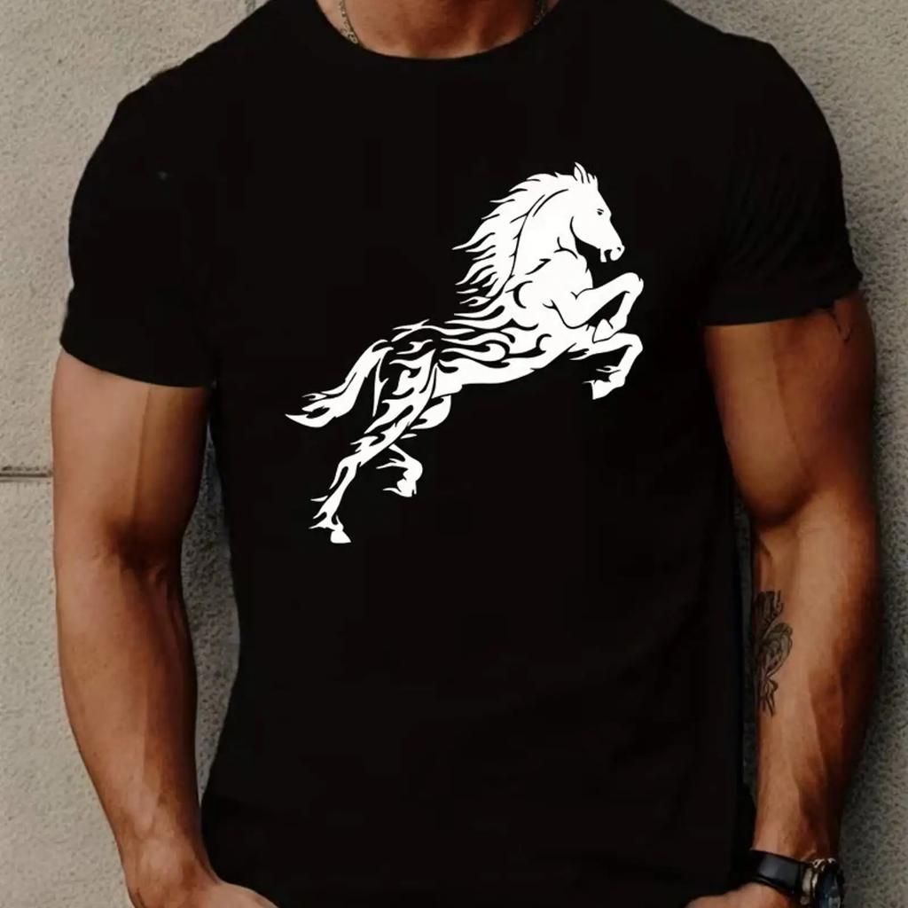 Herren Schwarz T Shirt Flame Horse Grafik Baumwolle Freizeit Kurzarm Oberteil Vintage Versatile Unisex Homme Breathable