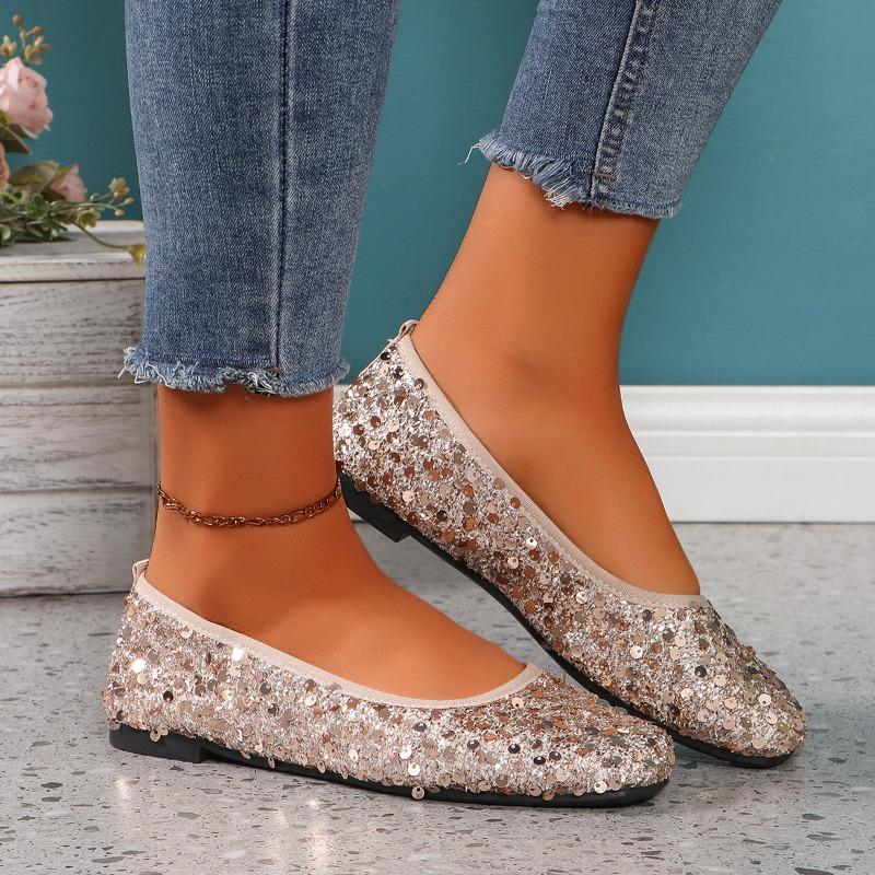 Shoes Female 2024 Fashion Slip On Women's Flats Spring Square Toe Solid Sequins Shallow Mouth Rubber Flats Basic Commuting Shoes